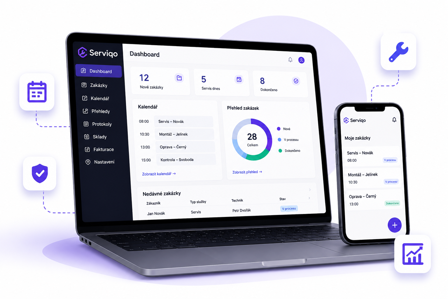 Servisní evidence zakázek — dashboard aplikace na počítači i v mobilu