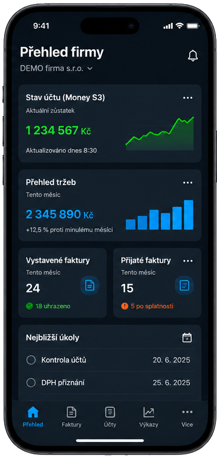 Money S3 v mobilu — přehled firmy, zůstatek, tržby a faktury